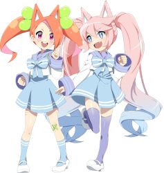 Rule 34 | 2girls, :d, absurdly long hair, absurdres, animal ears, anime coloring, arm at side, bandaid, bandaid on knee, bandaid on leg, blue bow, blue bowtie, blue hair, blue skirt, blue socks, body freckles, bow, bowtie, bright pupils, clenched hand, colored inner hair, cropped shirt, double-parted bangs, fang, fox ears, freckles, full body, gradient hair, hair ornament, hand up, happy, high-waist skirt, highres, index finger raised, knee up, long hair, mary janes, multicolored hair, multiple girls, nashirasauce, open mouth, orange hair, original, pink eyes, pink hair, purple eyes, purple sailor collar, purple thighhighs, purple trim, sailor collar, sailor shirt, shirt, shoes, side part, simple background, skirt, sleeves past wrists, smile, socks, standing, standing on one leg, striped bow, striped bowtie, striped clothes, teeth, thighhighs, transparent background, twintails, upper teeth only, very long hair, white pupils, white shirt, white shoes, wide sleeves