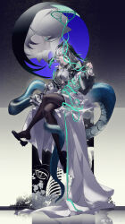 1girl absurdres aqua_eyes arknights black_pantyhose coat dress feathered_wings grey_hair head_wings highres ho&#039;olheyak_(arknights) pantyhose ranchenna ribs sitting snake_girl snake_tail solo tail white_dress wings