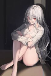 1girl absurdres blush breasts cleavage collared_shirt hair_between_eyes highres large_breasts lillly long_hair long_sleeves looking_at_viewer original red_eyes shirt shorts solo tears thighs white_hair