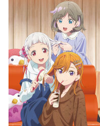 Rule 34 | 3girls, arashi chisato, artbook, blue eyes, brushing hair, couch, cup, drinking, drinking straw, grey hair, hair bun, hair ornament, hairdressing, highres, holding, looking at viewer, love live!, love live! superstar!!, multiple girls, non-web source, open mouth, orange hair, purple eyes, red eyes, shibuya kanon, sitting, smile, standing, stuffed animal, stuffed toy, sweater, tang keke, white hair