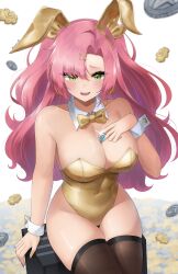 1girl alternate_costume animal_ears aqua_nails between_breasts black_thighhighs breasts coin commentary covered_navel doiparuni english_commentary fake_animal_ears gold_bowtie gold_leotard green_eyes hair_ornament hairclip highres holding holding_coin large_breasts leotard long_hair looking_at_viewer mole mole_on_breast mole_on_thigh mole_under_eye multiple_moles nicole_demara open_mouth pink_hair playboy_bunny rabbit_ears sitting sitting_on_object solo thighhighs thighs very_long_hair wrist_cuffs zenless_zone_zero