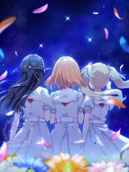 Rule 34 | 3girls, blue flower, blue hair, blue petals, blue ribbon, commentary request, daisy (flower), dress, facing away, falling petals, floating hair, flower, from behind, gradient hair, hair flower, hair ornament, hair ribbon, half updo, hasu no sora school uniform, highres, hinoshita kaho, kyaku tasu, link! like! love live!, long hair, love live!, medium hair, multicolored hair, multiple girls, murano sayaka, neckerchief, night, night sky, orange flower, orange hair, orange petals, osawa rurino, outdoors, petals, pink flower, pink petals, pleated dress, puffy short sleeves, puffy sleeves, red neckerchief, red ribbon, ribbon, sailor collar, sailor dress, school uniform, short sleeves, sky, star (sky), star (symbol), star hair ornament, starry sky, summer uniform, virtual youtuber, watermark, white dress, white flower, white sailor collar