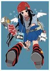 1girl angel_wings artist_name backpack badge bag baseball_bat beanie black_eyes black_hair blue_background button_badge buttons chromatic_aberration coalowl digital_media_player earbuds earphones gauze gauze_on_cheek grey_skirt hat hat_ornament highres holding holding_baseball_bat ipod jewelry long_hair loose_socks metal_baseball_bat open_mouth original pink_nails print_hat ring shirt shirt_tucked_in shoes short_sleeves sitting skirt socks solo star_(symbol) star_print sticker striped_clothes striped_socks two_side_up wings