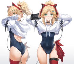 1girl animal_ear_headphones animal_ears ass back bare_shoulders blonde_hair blue_one-piece_swimsuit blush braid breasts cat_ear_headphones choker commentary_request crop_top crop_top_overhang fake_animal_ears fate/apocrypha fate_(series) garter_belt green_eyes hair_ornament hair_scrunchie half_up_braid headphones highres long_hair long_sleeves looking_at_viewer looking_back mordred_(fate) mordred_(fate/apocrypha) multiple_views navel one-piece_swimsuit parted_bangs parted_lips ponytail scrunchie sidelocks small_breasts swimsuit thighhighs thighs tonee underboob