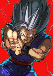 Rule 34 | 1boy, cowboy shot, dragon ball, dragon ball super, dragon ball super super hero, gohan beast, grey hair, haihunn58, long hair, makankousappou, muscular, muscular male, pants, pointing, pointing at viewer, purple pants, purple shirt, red background, red eyes, red sash, sash, shirt, simple background, solo, son gohan, spiked hair
