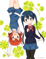 2girls :d absurdres arm_up artist_name black_pantyhose blue_eyes blue_hair blue_skirt blue_sweater blue_vest blush brown_eyes brown_hair buttons clenched_hand closed_mouth collared_shirt cowboy_shot double-breasted fang from_above hand_on_own_chest highres inokuma_youko kin-iro_mosaic komichi_aya long_hair long_sleeves looking_at_viewer lying miniskirt moegi_high_school_uniform multiple_girls non-web_source official_art open_mouth pantyhose rotational_symmetry scan school_uniform shirt short_hair skirt smile sweater twintails ueda_kazuyuki upside-down vest white_shirt winter_uniform