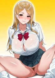 Rule 34 | 1girl, absurdres, blonde hair, blush, bow, bowtie, bra visible through clothes, breasts, brown eyes, bursting breasts, button gap, cleavage, cleft of venus, closed mouth, clothes lift, female pubic hair, gradient background, gyaru, highres, kakun, large breasts, long hair, looking at viewer, loose bowtie, loose socks, original, pleated skirt, pubic hair, pussy, red bow, red bowtie, school uniform, shiny skin, sitting, skirt, skirt lift, smile, socks, solo, spread legs, yellow background
