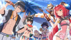 Rule 34 | 1boy, 4girls, alice thymefield, animal ears, beach, belle (summer skies) (zenless zone zero), belle (zenless zone zero), bikini, black hat, blonde hair, blue hair, blush, bottle, breasts, cleavage, closed eyes, commentary, day, eating, english commentary, food, fox ears, fox girl, fruit, green eyes, grey hair, grin, hair between eyes, hat, highres, holding, holding bottle, holding food, hoshimi miyabi, kama (zenless zone zero), long hair, mauve, medium breasts, multiple girls, navel, one-piece swimsuit, one eye closed, outdoors, palm tree, pink one-piece swimsuit, red bikini, red eyes, red hair, short hair, smile, soda bottle, swimsuit, tree, ukinami yuzuha, ukinami yuzuha (tanuki in broad daylight), very long hair, watermelon, wise (peaceful waves) (zenless zone zero), wise (zenless zone zero), zenless zone zero