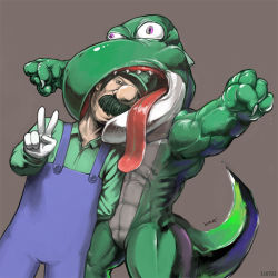 black_hair blouse blue_overalls facial_hair gobori green_hat green_shirt hat luigi mario_(series) mustache nintendo overalls shirt vore yoshi