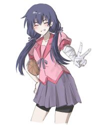1girl ball bandaged_arm bandages basketball_(object) bike_shorts bike_shorts_under_skirt blue_hair bow bowtie closed_eyes grin highres kanbaru_suruga light_blush long_hair monogatari_(series) naoetsu_high_school_uniform pink_shirt pleated_skirt school_uniform shirt skirt smile twintails v w1sd8396453