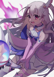 1girl akaneko016 ascot bare_shoulders blush boots breasts detached_sleeves dress earrings fate/kaleid_liner_prisma_illya fate_(series) hair_ornament highres illyasviel_von_einzbern jewelry layered_skirt long_hair looking_at_viewer one_side_up open_mouth pink_dress prisma_illya prisma_illya_(zwei_form) purple_skirt purple_thighhighs red_eyes sidelocks skirt small_breasts smile solo thigh_boots thighhighs thighhighs_under_boots wand white_boots white_hair white_skirt