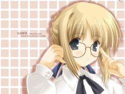 00s 1girl 2004 adjusting_eyewear ahoge aqua_eyes artist_name artoria_pendragon_(fate) bespectacled blonde_hair blouse character_name copyright_name dated fate/stay_night fate_(series) female_focus glasses ikegami_akane long_sleeves saber_(fate) shirt solo