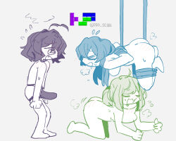 Rule 34 | &gt; &lt;, 3girls, all fours, an sin, araga kiwi, bdsm, blush, bondage, bound, bound arms, bound legs, commentary, completely nude, dildo, fang, hiiragi utena, limited palette, long hair, mahou shoujo ni akogarete, minakami sayo, multiple girls, nude, open mouth, sex toy, short hair, strap-on, suspension, sweat, tetris, yuri
