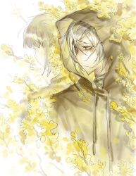 1girl brown_hair brown_hoodie closed_mouth dongbaek_(project_moon) e.g.o_(project_moon) flower highres hood hood_up hoodie limbus_company multiple_views project_moon short_hair simple_background smile spicebush_(e.g.o) u87654321111111 white_background white_hair yellow_eyes yellow_flower