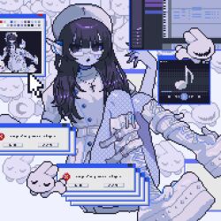 1girl animal black_eyes black_hair blunt_bangs cross cross_necklace cursor from_below full_body glasses hair_over_shoulder hand_up hat highres jewelry knees_together_feet_apart knees_up leggings long_hair musical_note necklace nurse_cap original pixel_art platform_shoes pointy_ears rabbit screen_zoom solo too_many too_many_rabbits uzume_(uzm0) waistband white_gown white_leggings window_(computing)