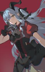 1girl absurdres ascot bang_dream! bang_dream!_it&#039;s_mygo!!!!! black_ascot black_corset black_gloves black_horns black_ribbon black_skirt blue_hair chinese_commentary commentary_request corset cowboy_shot curled_horns dutch_angle gloves hair_ribbon highres horns long_hair oblivionis_(bang_dream!) parted_lips puffy_short_sleeves puffy_sleeves red_background red_shirt ribbon shirt short_sleeves simple_background skirt solo togawa_sakiko very_long_hair yellow_eyes yuki_(miyuki_kii)