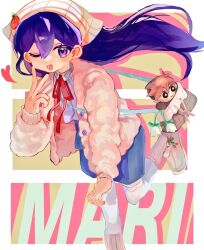 Rule 34 | 1girl, alternate eye color, alternate hair color, bag, character doll, commentary request, doll, flower, foot out of frame, handbag, heart, hero (faraway) (omori), hero (omori), jacket, lily of the valley, long hair, long sleeves, looking at viewer, mari (birthday) (omori), mari (faraway) (omori), mari (omori), omori, one eye closed, open mouth, purple eyes, purple hair, solo, standing, standing on one leg, stuffed toy, thighhighs, tokkooyaku, v, white jacket, white thighhighs