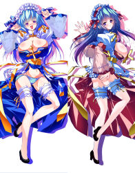1girl arch_bishop_(ragnarok_online) areola_slip arms_up ass black_shoes blue_dress blue_hairband blue_panties blush breasts cameltoe cleavage cleavage_cutout clothing_cutout commentary_request covered_erect_nipples cross dakimakura_(medium) dress fishnet_thighhighs fishnets frilled_hairband frilled_thighhighs frills full_body green_hair hairband high_heels highres juliet_sleeves large_breasts long_hair long_sleeves looking_at_viewer multiple_views navel open_mouth panties pink_panties puffy_sleeves purple_eyes ragnarok_online red_dress sash shoes simple_background smile striped_clothes striped_panties thighhighs two-tone_dress underwear uzuki_sakura_(mmys534) white_background white_dress white_panties white_thighhighs yellow_sash