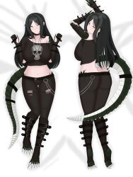 1girl absurdres bed bed_sheet belt black_belt black_choker black_gloves black_hair black_shirt breasts choker collarbone crop_top dakimakura_(medium) denim gloves goth_fashion highres humanization jeans jewelry large_breasts lizard_tail long_hair looking_at_viewer monster_girl multicolored_hair necklace pants reptile_girl scales scp-682 scp_foundation shirt single_bare_shoulder single_off_shoulder smile solo spiked_choker spikes stomach tail torn_clothes torn_jeans torn_pants very_long_hair yellow_eyes
