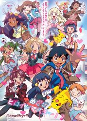2boys 6+girls :d absurdres ash_ketchum baseball_cap big_hair black_hair black_thighhighs blonde_hair blue_eyes blue_hair blush bonnie_(pokemon) boots braid braided_ponytail breasts brown_eyes brown_hair chloe_(pokemon) creatures_(company) dark-skinned_female dark_skin dawn_(pokemon) dress eyelashes flower game_freak gen_1_pokemon goh_(pokemon) green_eyes green_hair hair_flower hair_ornament hairclip hat highres holding iris_(pokemon) jacket lana_(pokemon) lillie_(pokemon) long_hair looking_at_viewer mallow_(pokemon) may_(pokemon) misty_(pokemon) multiple_boys multiple_girls nintendo noah_(nowlifeyell) open_mouth orange_hair pants pikachu pokemon pokemon_(anime) pokemon_(classic_anime) pokemon_(creature) pokemon_bw_(anime) pokemon_dppt_(anime) pokemon_journeys pokemon_rse_(anime) pokemon_sm_(anime) pokemon_xy_(anime) purple_hair red_eyes red_skirt school_uniform serena_(pokemon) shirt short_hair short_sleeves side_ponytail skirt sleeveless smile thighhighs tongue twin_braids twintails two_side_up very_long_hair