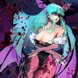 1girl animal_print aqua_hair bat_print blunt_bangs breasts cleavage commentary cowboy_shot crossed_arms darkstalkers english_commentary highres horns leotard long_hair lv5plant morrigan_aensland pantyhose solo wings