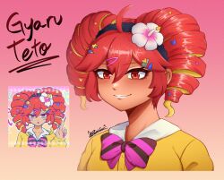 1girl absurdres ahoge bow bowtie character_name collared_shirt cropped_torso drill_hair flower gradient_background gyaru hair_flower hair_ornament hairclip heart heart_hair_ornament highres kasane_teto kogal magical_miracle_metagalphose_(synthv) manba_gyaru okami_san_art orange_background pink_background purple_bow purple_bowtie red_eyes red_hair reference_inset shirt signature solo star_(symbol) star_hair_ornament striped_bow striped_bowtie striped_clothes sweater twin_drills utau white_lips white_shirt yellow_sweater