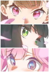 Rule 34 | 3girls, absurdres, anyoji hime, black hair, blue eyes, blunt bangs, braid, brown hair, center-flap bangs, column lineup, commentary, eye focus, fujishima megumi, green eyes, highres, kachimachi kosuzu, link! like! love live!, love live!, momose ginko, multiple girls, osawa rurino, pink eyes, pink hair, raised inner eyebrows, short eyebrows, side braids, sparkling eyes, sunkeun, v-shaped eyebrows, virtual youtuber