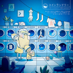 1girl absurdres blush cactus cat clock clothesline commentary_request food food_art grey_hair hat helmet highres jellyfish laundromat laundry laundry_basket night open_mouth original planetary_ring plant potted_plant shirt simple_bird space_helmet square_clock stool table tako-san_wiener translation_request tti_design wall_clock washing_machine white_cat
