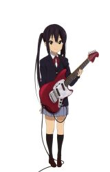 1girl absurdres anime_coloring arm_at_side black_hair black_jacket black_socks blazer brown_eyes brown_shoes buttons cable closed_mouth collared_shirt dot_nose electric_guitar fender_mustang full_body grey_skirt guitar guitar_strap hand_up highres holding holding_guitar holding_instrument instrument jacket k-on! kneehighs light_smile long_hair long_sleeves looking_at_viewer miniskirt nakano_azusa neck_ribbon official_art pleated_skirt red_ribbon ribbon sakuragaoka_high_school_uniform scan school_uniform shirt shoes sidelocks simple_background skirt socks solo split_mouth standing tachi-e third-party_source twintails very_long_hair white_background white_shirt wing_collar