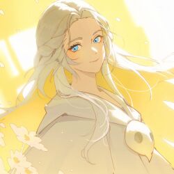 Rule 34 | 1girl, blue eyes, braid, final fantasy, final fantasy xiv, flower, half up braid, highres, long hair, looking at viewer, lyra-kotto, mask, mask around neck, smile, solo, sophist&#039;s robe (ff14), unworn mask, upper body, venat (ff14), white flower, white hair, yellow background, yellow theme
