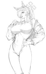 1girl animal_ear_fluff animal_ears armband blue_archive breasts clenched_teeth covered_navel dog_ears extra_ears feet_out_of_frame greyscale hair_over_one_eye halo hand_on_own_hip highres hip_bones holding holding_whistle indinu jacket jewelry kanna_(blue_archive) kanna_(swimsuit)_(blue_archive) large_breasts lips lone_nape_hair long_bangs long_hair long_sleeves monochrome necklace notched_ear official_alternate_costume one-piece_swimsuit one_eye_covered open_clothes open_jacket ponytail simple_background sketch skin_tight solo swimsuit teeth thighs whistle white_background