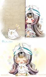 1girl :d bird black_hair blush brick_wall closed_eyes commentary_request feh_(fire_emblem_heroes) fire_emblem fire_emblem_engage fire_emblem_heroes flying_sweatdrops grey_hair h_u_sss highres hug laurels long_hair multicolored_hair nintendo notice_lines open_mouth owl purple_eyes sitting smile sparkle streaked_hair two-tone_hair very_long_hair veyle_(fire_emblem)