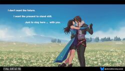 1boy 1girl alteredbits arm_warmers bare_shoulders belt bike_shorts black_border black_footwear black_gloves black_hair black_jacket black_pants black_shorts blue_cardigan blue_skirt bluesky_username boots border brown_belt brown_hair cardigan couple cropped_jacket english_text field final_fantasy final_fantasy_viii flower flower_field fur-trimmed_jacket fur_trim gloves hand_on_another&#039;s_back hetero highres holding_hands jacket letterboxed long_hair looking_at_another multiple_belts nature pants rinoa_heartilly shirt short_hair shorts skirt squall_leonhart thigh_belt thigh_strap white_shirt