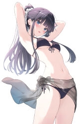 1girl arms_up bikini black_bikini black_hair blue_eyes blunt_bangs blush breasts commission cowboy_shot highres long_hair medium_breasts navel nun_9 scrunchie skeb_commission stomach string_bikini swimsuit touma_kazusa white_album_(series) white_album_2 white_background white_scrunchie