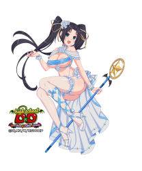 1girl absurdres areola_slip black_hair blue_eyes breasts commentary_request full_body high_school_dxd high_school_dxd_hero high_school_dxd_operation_paradise_infinity highres holding holding_staff invisible_chair large_breasts official_art open_mouth revealing_clothes serafall_leviathan simple_background sitting solo staff twintails white_background