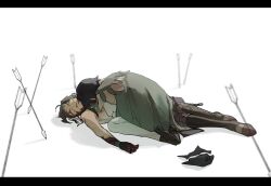 2boys ahoge aji_11300913 arrow_(projectile) bare_shoulders black_boots black_border black_gloves black_hair black_shoes blood blood_on_arm blood_on_face blurry blurry_background boots border braided_sidelock cloak closed_eyes commentary facial_mark forehead_mark from_behind full_body genshin_impact gloves green_cloak green_eyes green_hair hashtag-only_commentary highres kneeling leaning_on_person lying male_focus medium_hair multiple_boys on_side pantyhose parted_lips shadow shirt shoes short_hair sleeveless sleeveless_shirt venti_(genshin_impact) white_background white_pantyhose xiao_(genshin_impact)