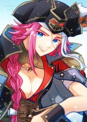 1girl arm_rest artist_name blue_eyes braid breasts canaan_hnk cleavage commentary fate/grand_order fate_(series) francis_drake_(third_ascension)_(fate) grin hat hat_feather highres jacket jacket_on_shoulders large_breasts long_hair looking_at_viewer low-braided_long_hair low-tied_long_hair pink_hair pirate pirate_hat scar scar_on_face single_braid smile solo teeth water
