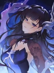 1girl black_hair blue_dress breasts commentary_request dress hair_intakes hair_ornament highres honkai:_star_rail honkai_(series) hysilens_(honkai:_star_rail) long_hair looking_at_viewer medium_breasts nery_(nerypaint) parted_lips purple_eyes shrug_(clothing) solo strapless strapless_dress upper_body