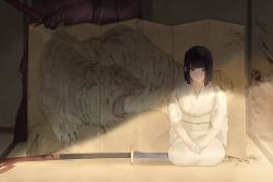 1boy 1girl arr_1l blood blood_splatter bob_cut highres japanese_clothes kimono lei_heng_(project_moon) limbus_company ootachi project_moon ryoshu_(project_moon) seiza sitting white_kimono