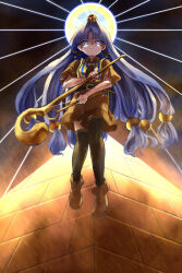 1girl absurdres belt belt_buckle black_belt black_thighhighs blue_eyes blue_hair brown_shirt brown_shoes brown_shorts buckle earrings floating full_body glowing glowing_eyes gold hair_bobbles hair_ornament highres holding holding_scepter hoop_earrings jewelry key_earrings long_hair matsufox michigami_nareko parted_lips pyramid_(structure) scepter shirt shoes short_sleeves shorts solo thighhighs touhou usekh_collar very_long_hair