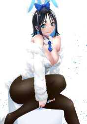 1girl animal_ears bare_shoulders black_hair blue_bow blue_eyes blue_hair blue_nails blue_necktie bow box breasts choppy_bangs cleavage closed_mouth commentary_request detached_collar fake_animal_ears feet_out_of_frame fur_jacket hair_bow highres jacket kitahara_aoba large_breasts leotard looking_at_viewer medium_hair multicolored_hair necktie off_shoulder pantyhose playboy_bunny rabbit_ears rabbit_tail sawaranaide_kotesashi-kun shinjou_takuya sitting smile solo tail two-tone_hair white_background white_leotard