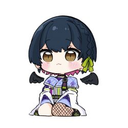 Rule 34 | 1girl, black boots, black hair, black wings, blush, boots, braid, brown eyes, chibi, closed mouth, commentary, detached wings, feathered wings, fishnet pantyhose, fishnets, full body, green ribbon, hair ribbon, highres, jacket, lace-up boots, long sleeves, looking at viewer, nijisanji, nozo (hitomiz), pantyhose, purple shirt, ribbon, shirt, simple background, single leg pantyhose, sitting, solo, virtual youtuber, wariza, white background, white jacket, wings, yamagami karuta, yamagami karuta (4th costume)