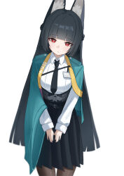 1girl absurdres animal_ear_fluff animal_ears aqua_jacket black_necktie black_pantyhose black_skirt blunt_bangs collared_shirt cowboy_shot fox_ears fox_girl high-waist_skirt highres hoduttang hoshimi_miyabi jacket necktie open_clothes open_jacket pantyhose red_eyes shirt skirt white_background white_shirt zenless_zone_zero