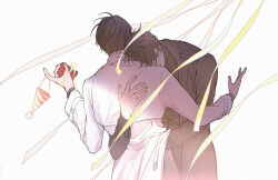 2boys black_coat black_hair closed_eyes coat curtains gift glowing hand_on_another&#039;s_back hand_on_another&#039;s_waist hand_up hat head_on_another&#039;s_shoulder hug implied_yaoi male_focus multiple_boys omniscient_reader&#039;s_viewpoint outstretched_arms party_hat raya_(000_unseen) short_hair sidelighting unworn_hat unworn_headwear upper_body white_coat