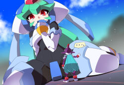 Rule 34 | 1boy, 1girl, armor, blue hair, brother and sister, commission, crotch plate, giant, giantess, green hair, helmet, kaidou zx, long hair, mega man (series), mega man zx, model w (mega man), pandora (mega man), prometheus (mega man), red eyes, siblings, skeb commission, white armor, white helmet