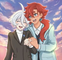 2girls absurdres black_jacket blue_eyes blue_jacket closed_eyes cloud commentary_request gundam gundam_suisei_no_majo highres holding_hands jacket jewelry long_hair miorine_rembran multiple_girls open_mouth otsunami outdoors ponytail red_hair ring scar scar_on_face shirt short_hair smile suletta_mercury sunset teeth thick_eyebrows upper_body upper_teeth_only wedding_ring white_hair white_shirt wife_and_wife yuri