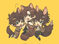 3boys ahoge animal_ear_fluff animal_ears axis_powers_hetalia back bandaged_leg bandages black_boots black_necktie black_pants black_shoes boots brown_hair brown_jacket brown_pants brown_shirt cat_ears cat_tail chibi chibi_only collared_shirt commentary dog_ears dog_tail fang fox_ears fox_tail from_side full_body green_eyes hair_between_eyes half-closed_eyes hands_on_own_face hands_up highres intillate jacket kemonomimi_mode lapels looking_at_another looking_at_viewer low_ponytail male_focus medium_hair military_jacket military_uniform multiple_boys necktie open_clothes open_jacket open_mouth pants pocket ponytail portugal_(hetalia) shirt shoes short_hair short_ponytail short_sleeves simple_background skin_fang smile southern_italy_(hetalia) spain_(hetalia) symbol-only_commentary tail v-shaped_eyebrows white_shirt yellow_background