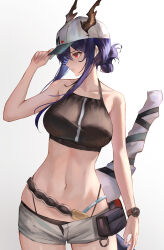 Rule 34 | 1girl, absurdres, arknights, bikini, black bikini, blue hair, breasts, ch&#039;en (arknights), collarbone, cowboy shot, dragon girl, eastern dragon horns, eastern dragon tail, female tourist c (arknights), hat, highres, linea alba, looking down, medium breasts, micro shorts, navel, official alternate costume, puranetto (vjun4748), red eyes, shorts, sidelocks, simple background, solo, swimsuit, watch, white background, white hat, wristwatch