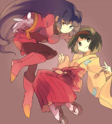 2girls black_eyes black_hair black_pantyhose boots closed_mouth commentary emunise erika_(pokemon) full_body gloves grey_background hairband hakama japanese_clothes kimono long_sleeves looking_at_viewer looking_to_the_side multiple_girls nintendo pantyhose poke_ball_print pokemon pokemon_frlg pokemon_rgby red_boots red_hairband red_hakama red_skirt red_vest sabrina_(pokemon) sandals serious short_hair simple_background skirt smile socks vest white_gloves white_socks yellow_kimono