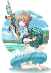 1girl absurdres ass backpack bag beach bikini breasts brown_eyes brown_hair highres innertube kneeling large_breasts medium_hair no_pants one_side_up original outdoors school_uniform serafuku solo swim_ring swimsuit tongue tongue_out tuskryo water_gun wet wet_clothes white_bikini